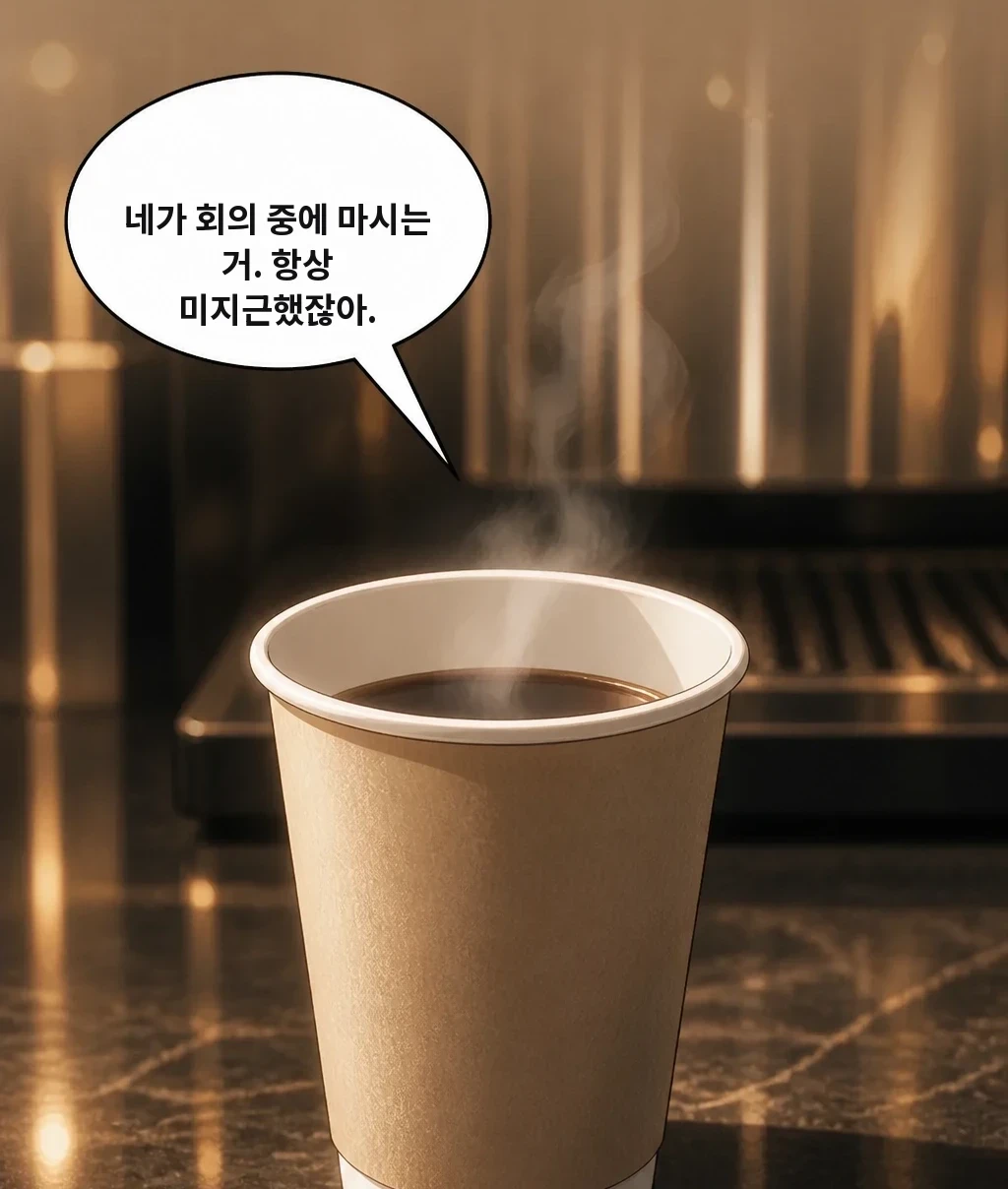 네가 회의 중에 마시는 거. 항상 미지근했잖아.
