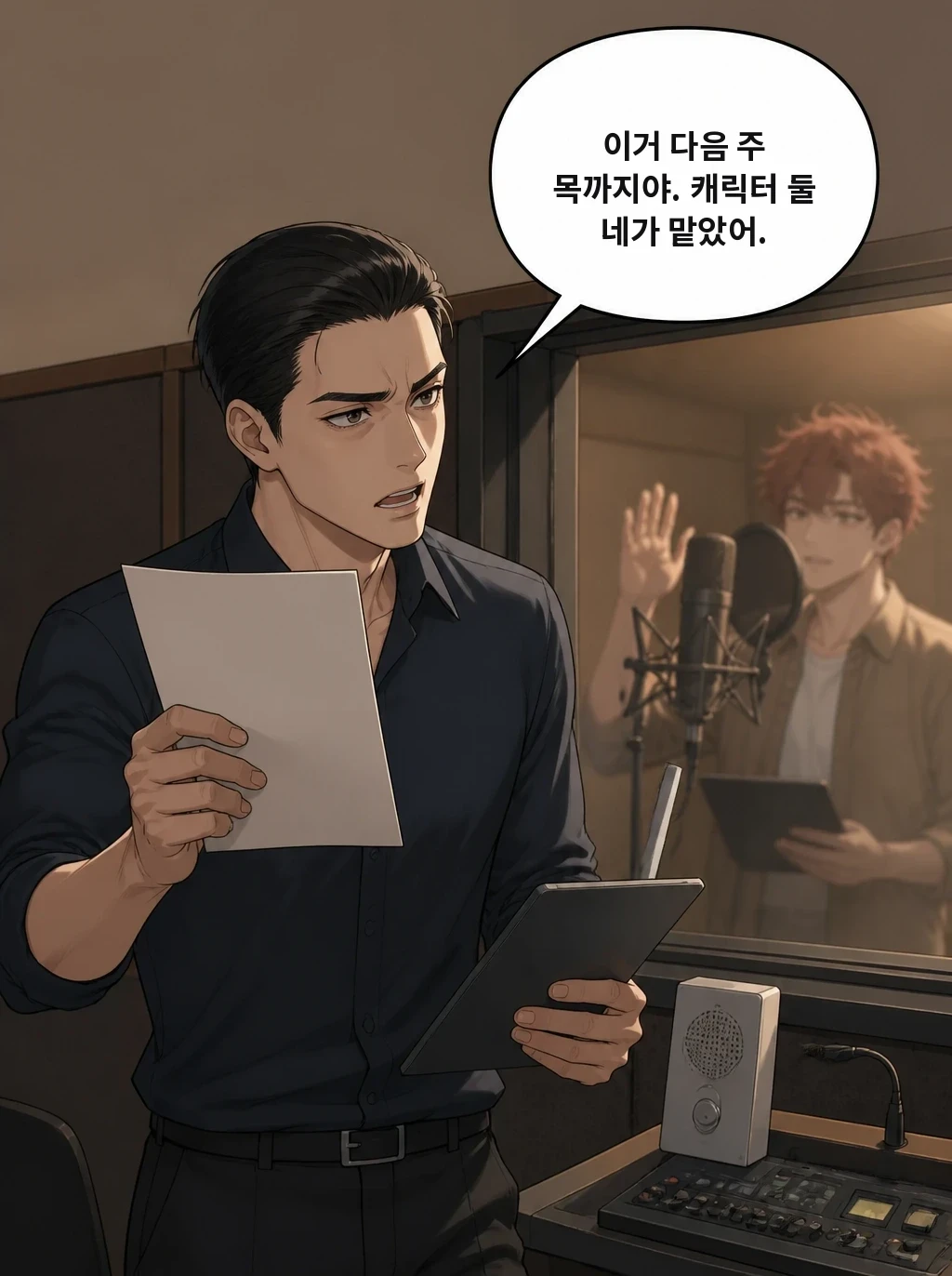 이거 다음 주 목까지야. 캐릭터 둘 네가 맡았어.