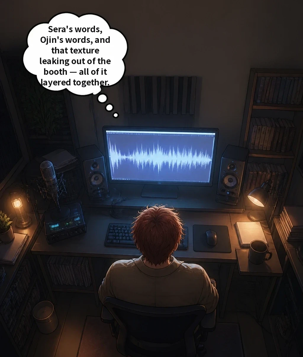 Sera's words, Ojin's words, and that texture leaking out of the booth — all of it layered together.