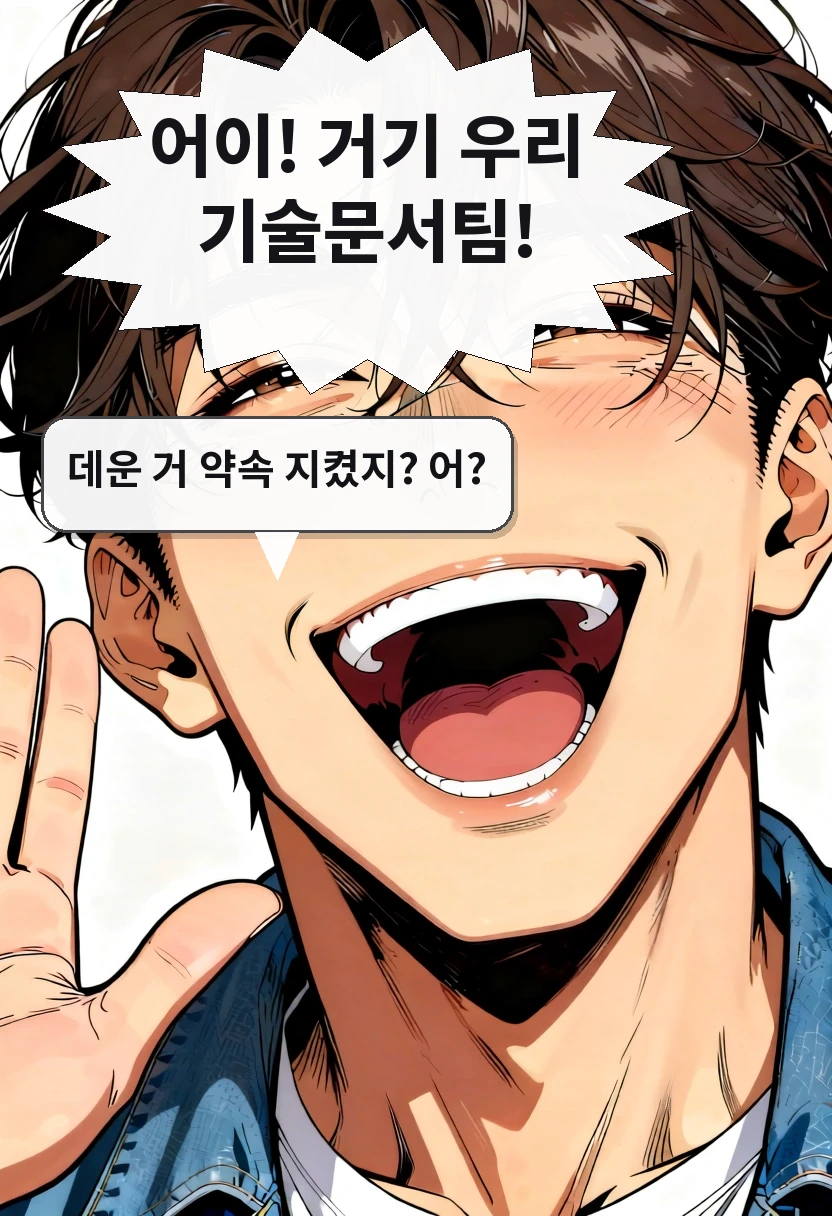 어이! 거기 우리 기술문서팀! 데운 거 약속 지켰지? 어?
