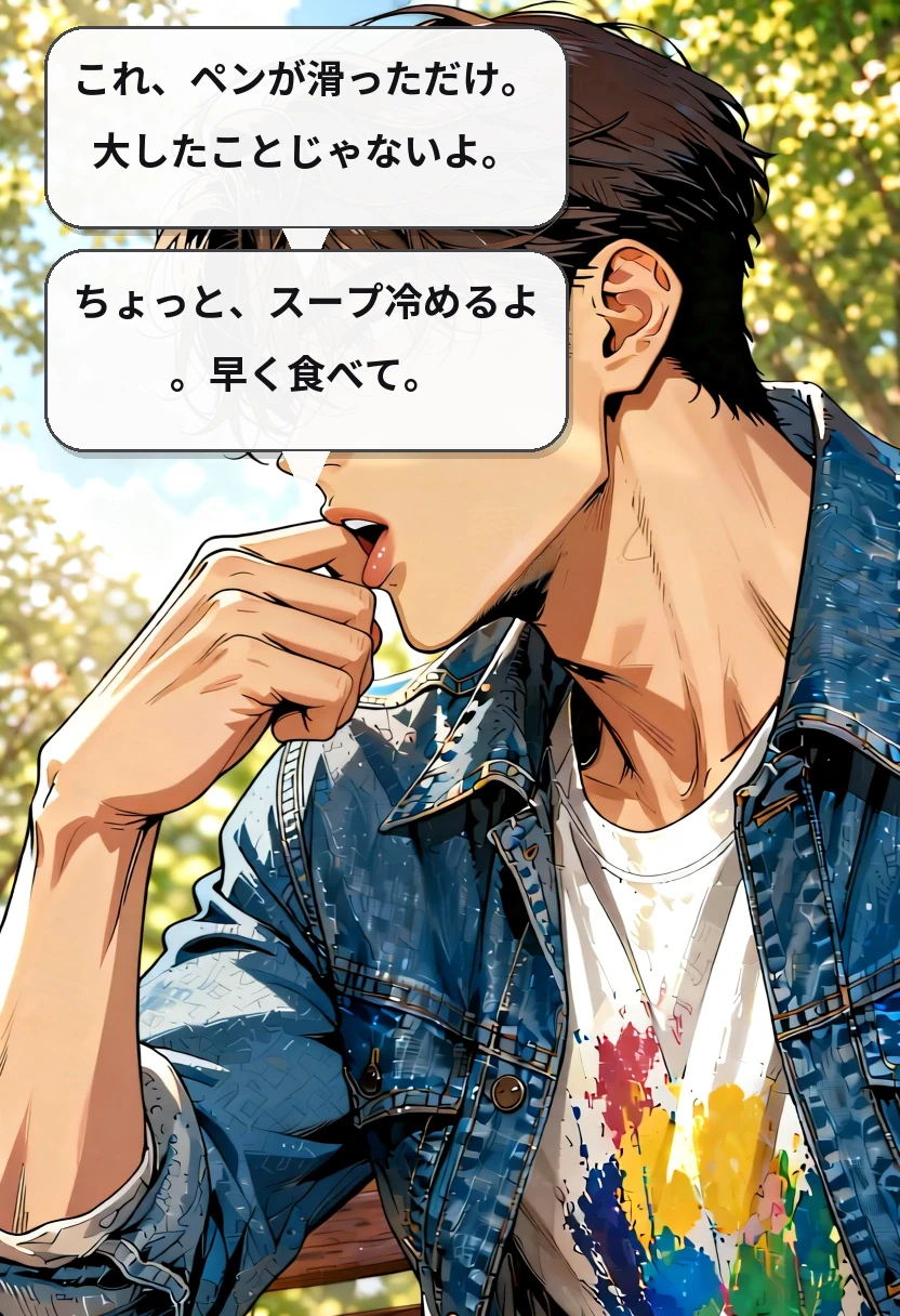 これ、ペンが滑っただけ。大したことじゃないよ。 ちょっと、スープ冷めるよ。早く食べて。