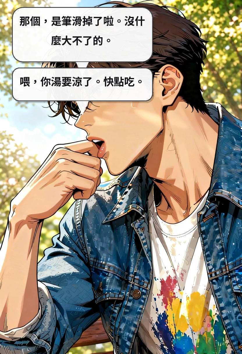 那個，是筆滑掉了啦。沒什麼大不了的。 喂，你湯要涼了。快點吃。