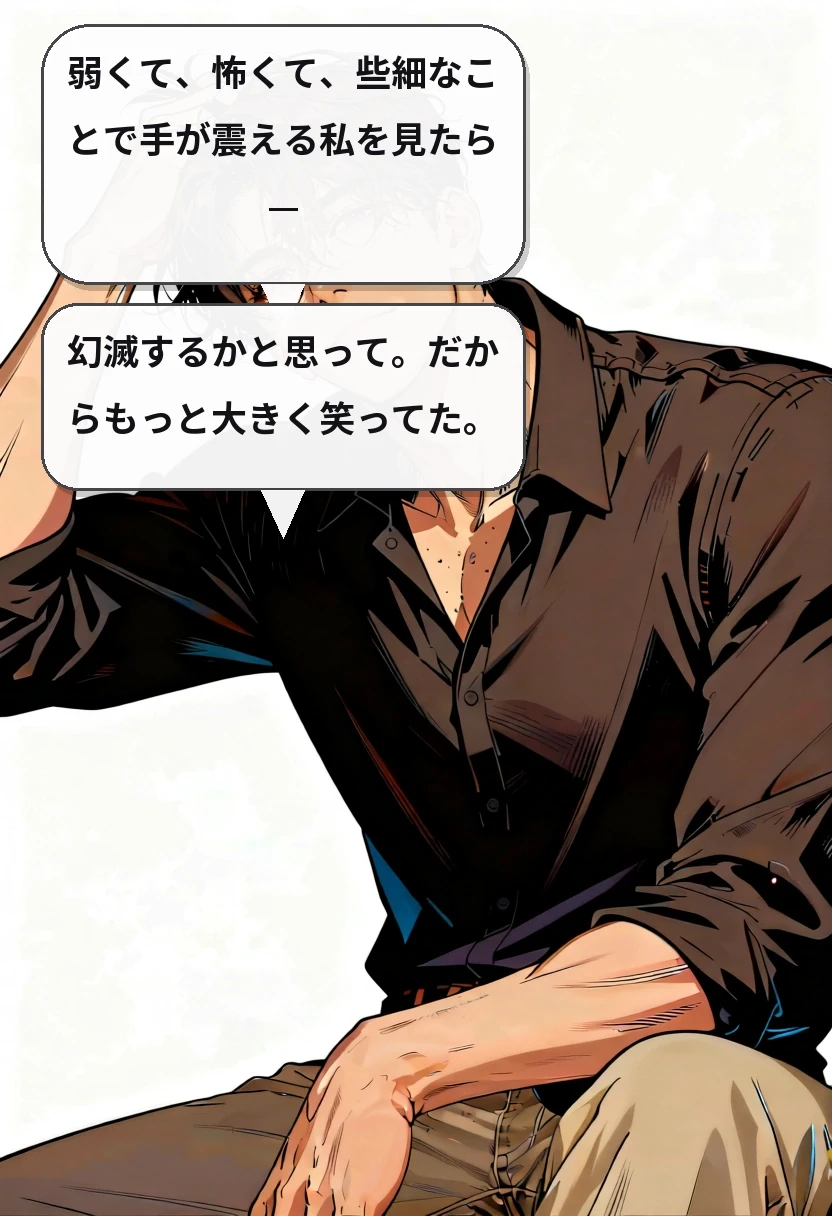 弱くて、怖くて、些細なことで手が震える私を見たら— 幻滅するかと思って。だからもっと大きく笑ってた。