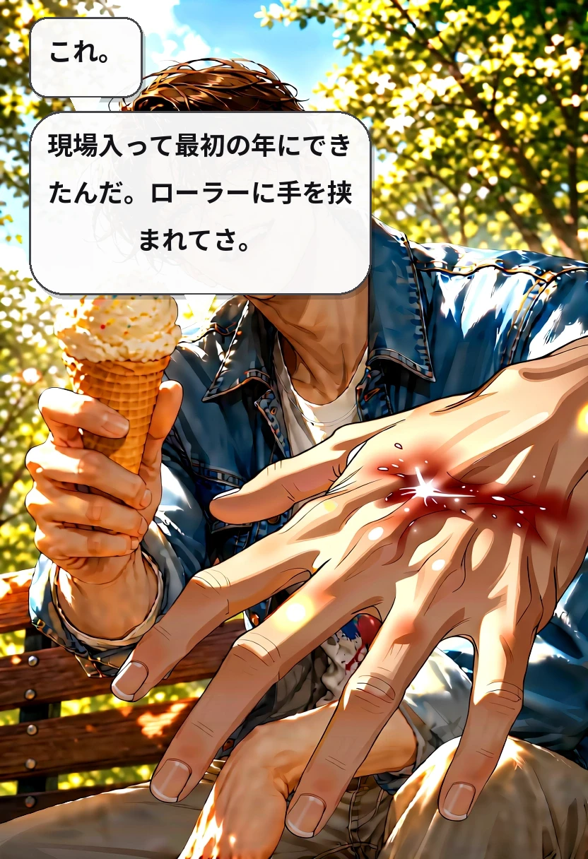 これ。 現場入って最初の年にできたんだ。ローラーに手を挟まれてさ。