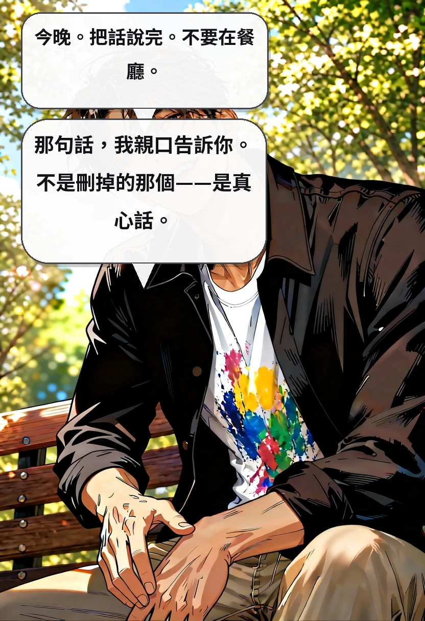 今晚。把話說完。不要在餐廳。 那句話，我親口告訴你。不是刪掉的那個——是真心話。