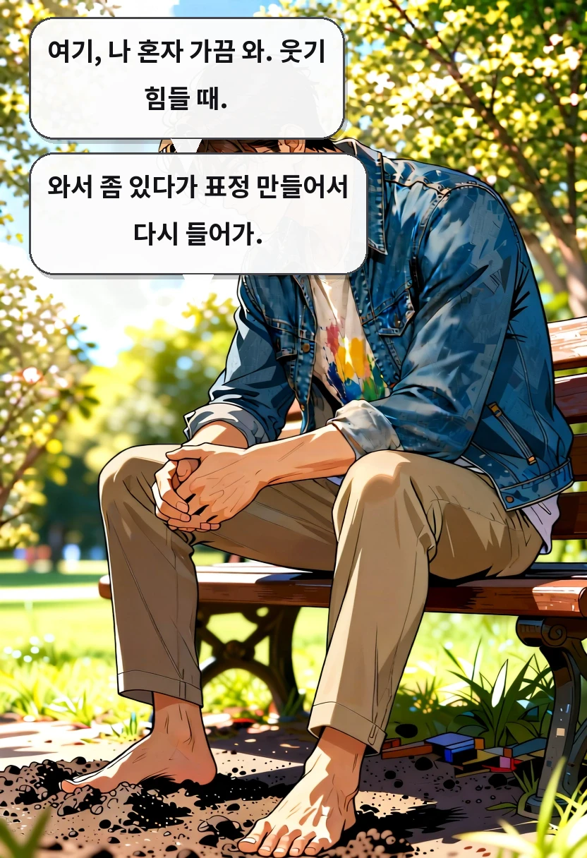 여기, 나 혼자 가끔 와. 웃기 힘들 때. 와서 좀 있다가 표정 만들어서 다시 들어가.