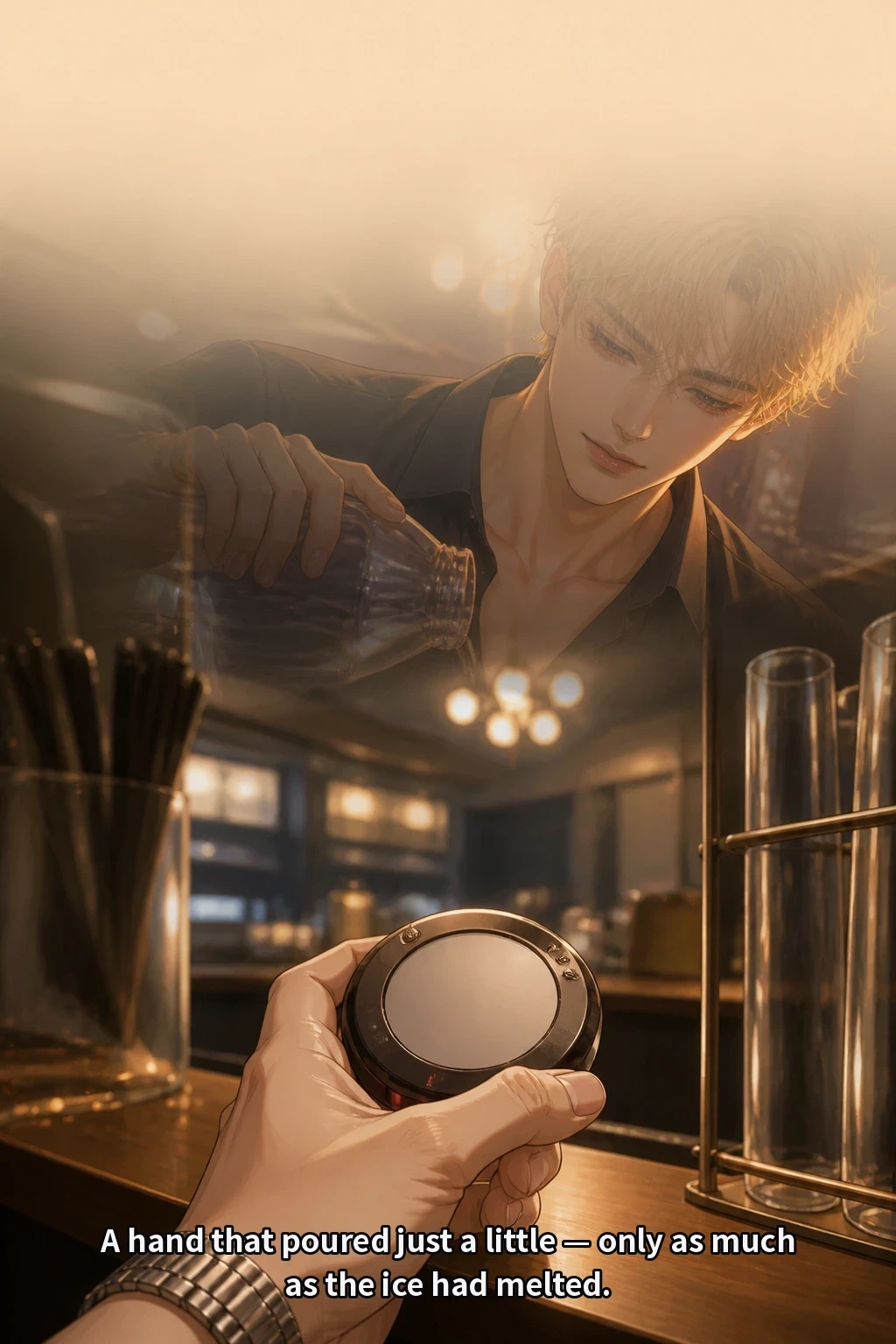 A hand that poured just a little — only as much as the ice had melted.