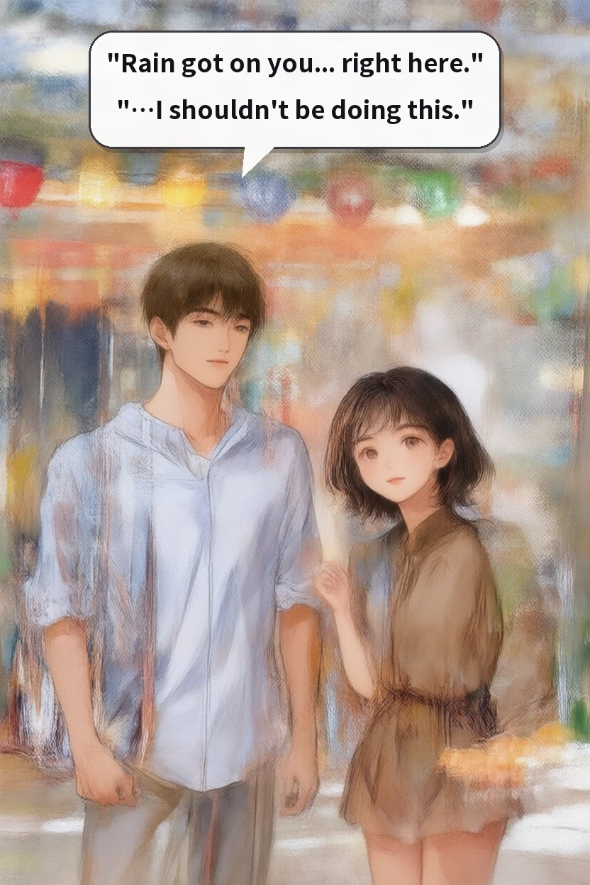 "Rain got on you... right here."
"…I shouldn't be doing this."