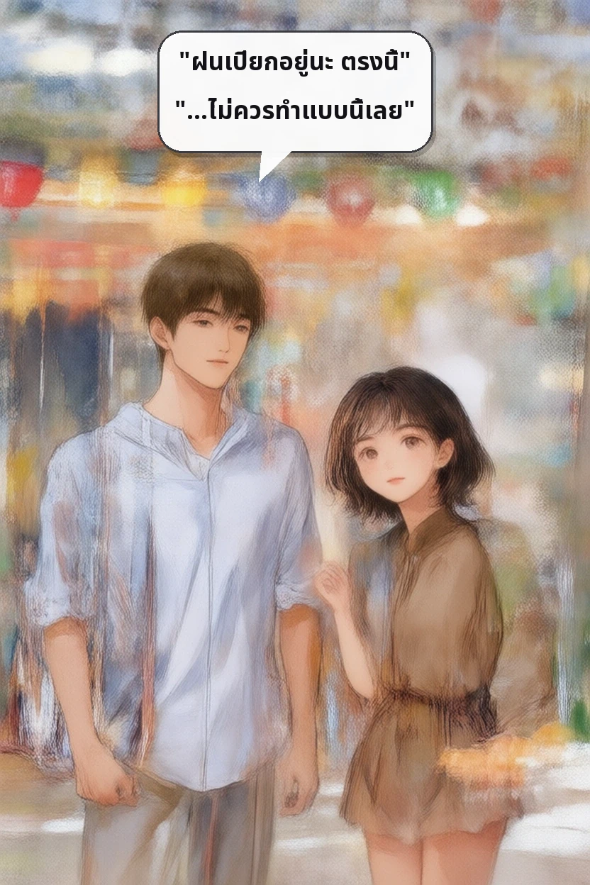 "ฝนเปียกอยู่นะ ตรงนี้"
"…ไม่ควรทำแบบนี้เลย"