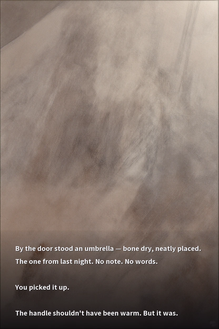 By the door stood an umbrella — bone dry, neatly placed. The one from last night. No note. No words.

You picked it up.

The handle shouldn't have been warm. But it was.