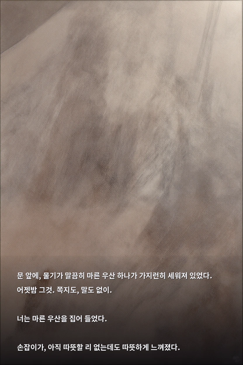 문 앞에, 물기가 말끔히 마른 우산 하나가 가지런히 세워져 있었다. 어젯밤 그것. 쪽지도, 말도 없이.

너는 마른 우산을 집어 들었다.

손잡이가, 아직 따뜻할 리 없는데도 따뜻하게 느껴졌다.
