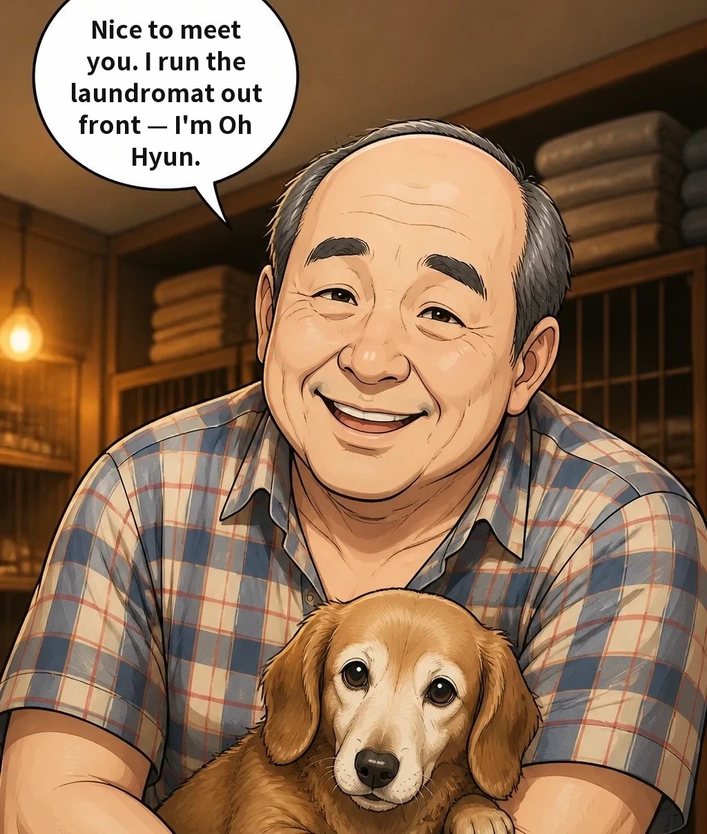 Nice to meet you. I run the laundromat out front — I'm Oh Hyun.