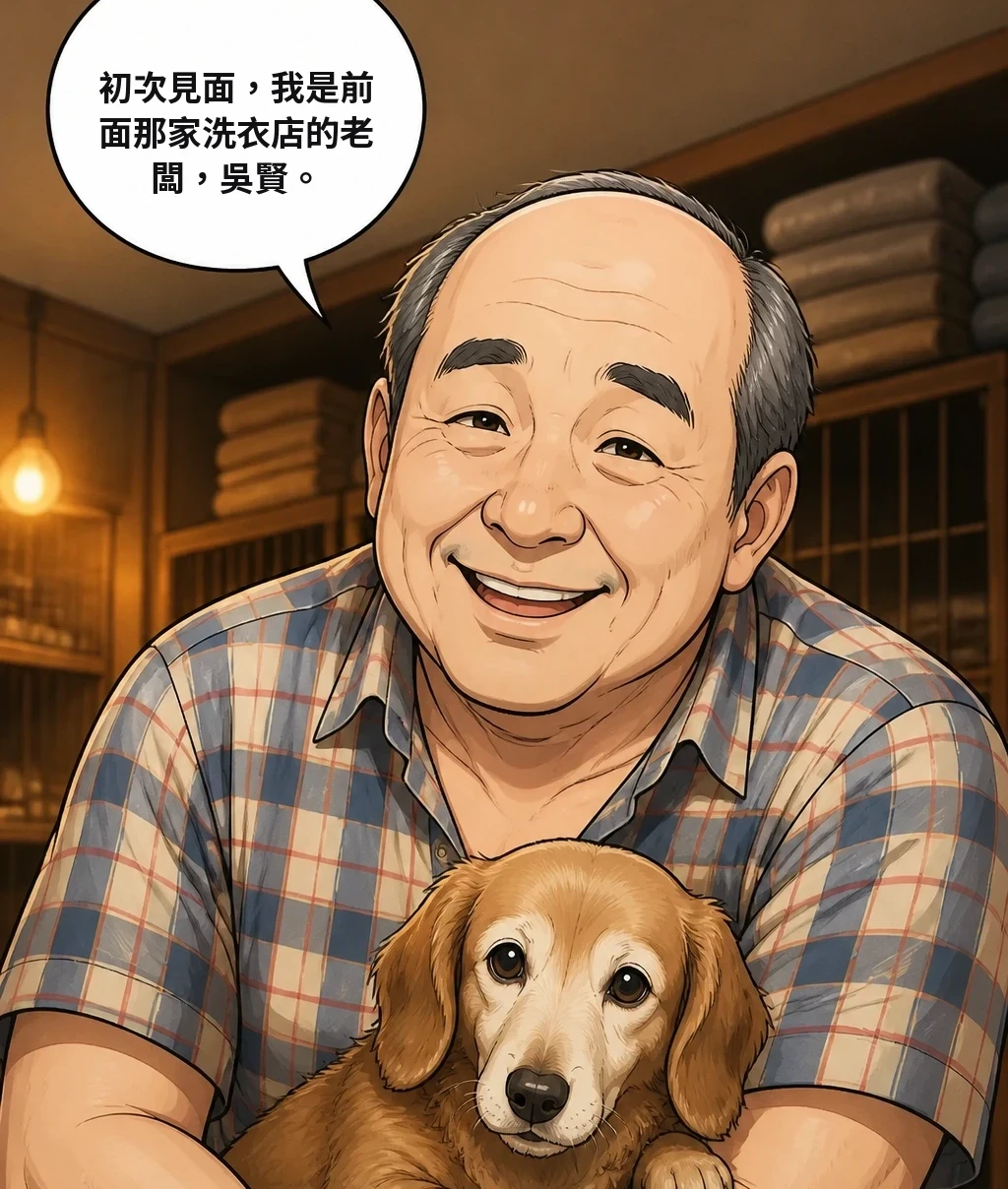 初次見面，我是前面那家洗衣店的老闆，吳賢。