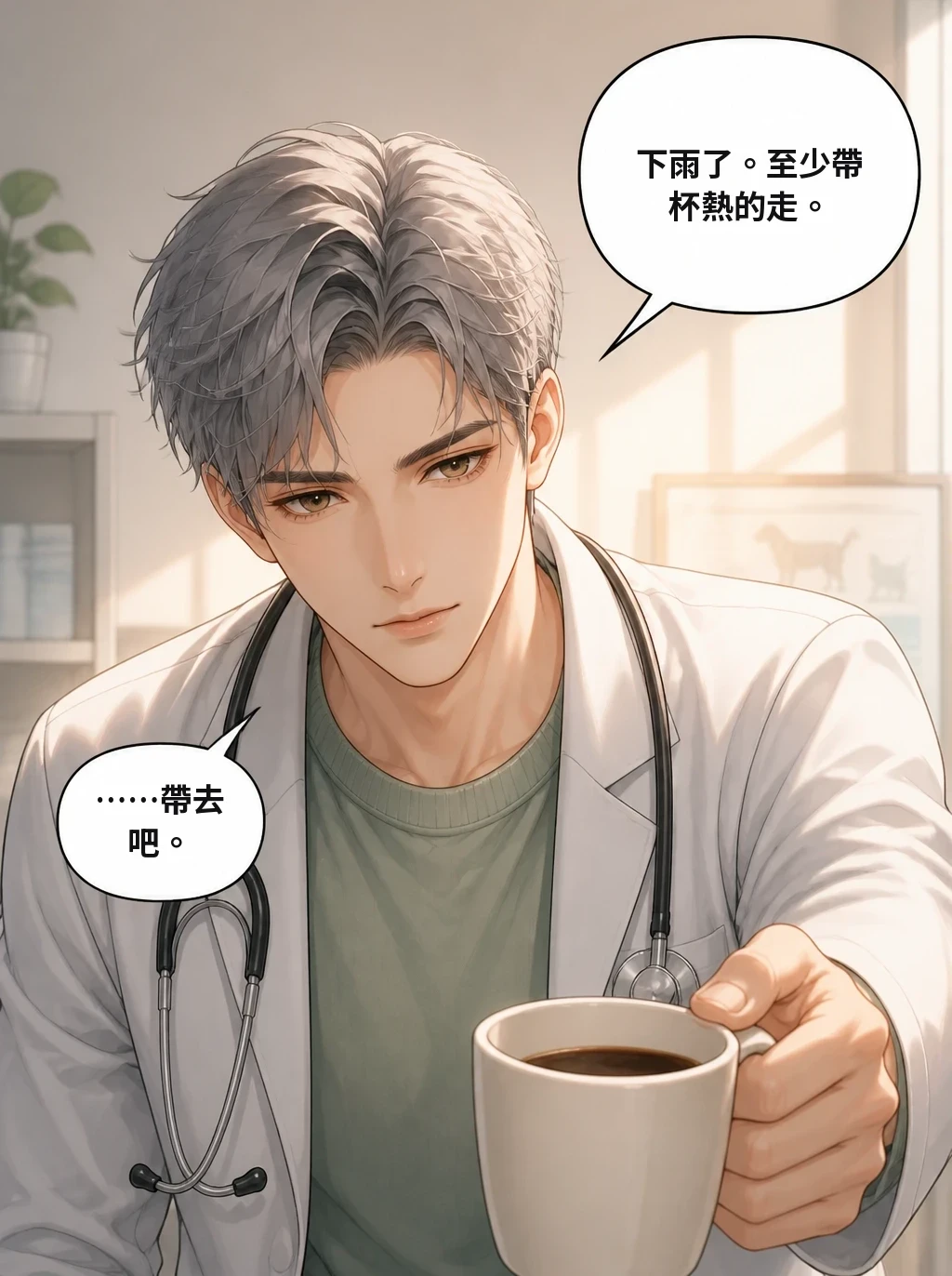 下雨了。至少帶杯熱的走。 ……帶去吧。