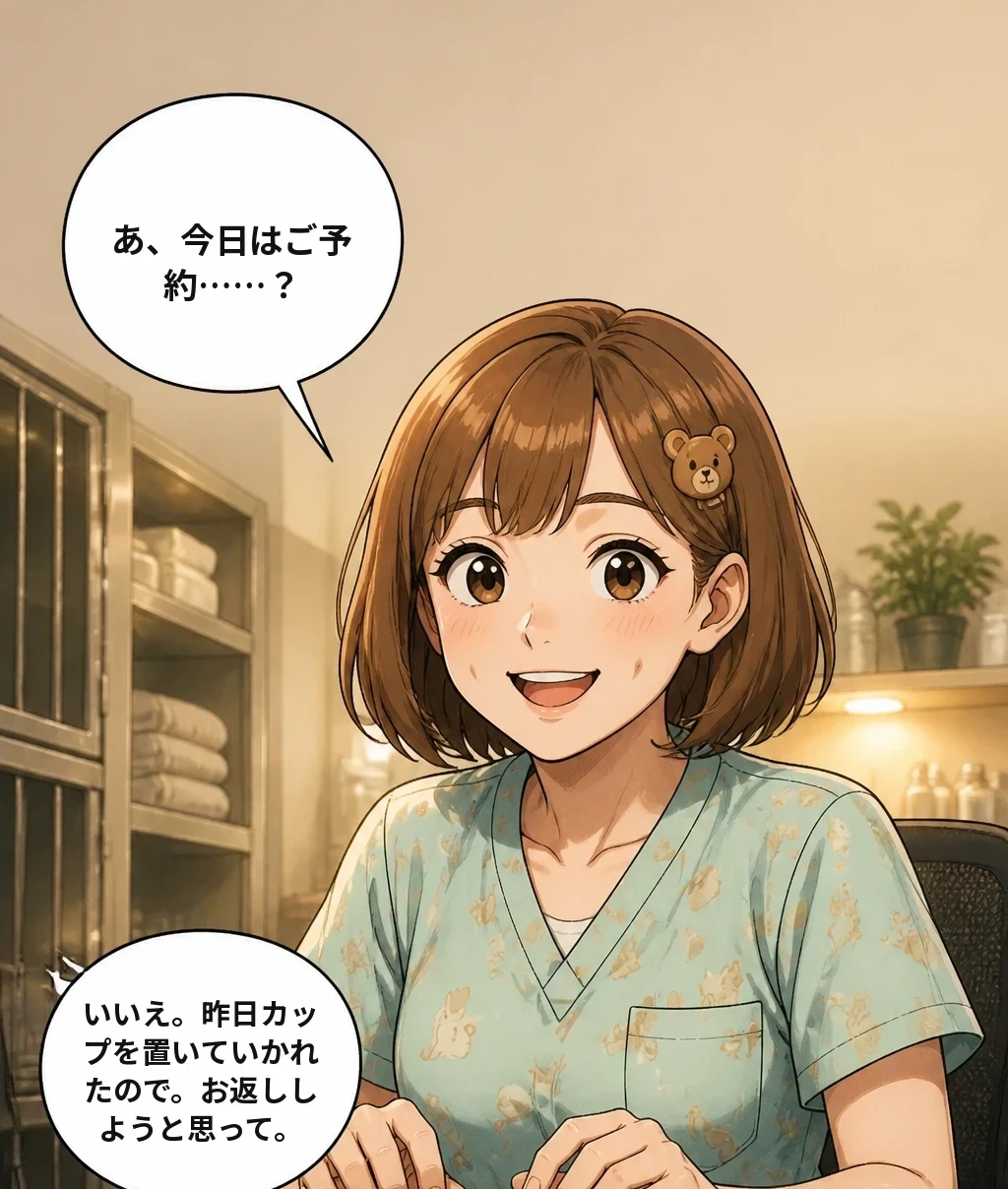 あ、今日はご予約……？ いいえ。昨日カップを置いていかれたので。お返ししようと思って。