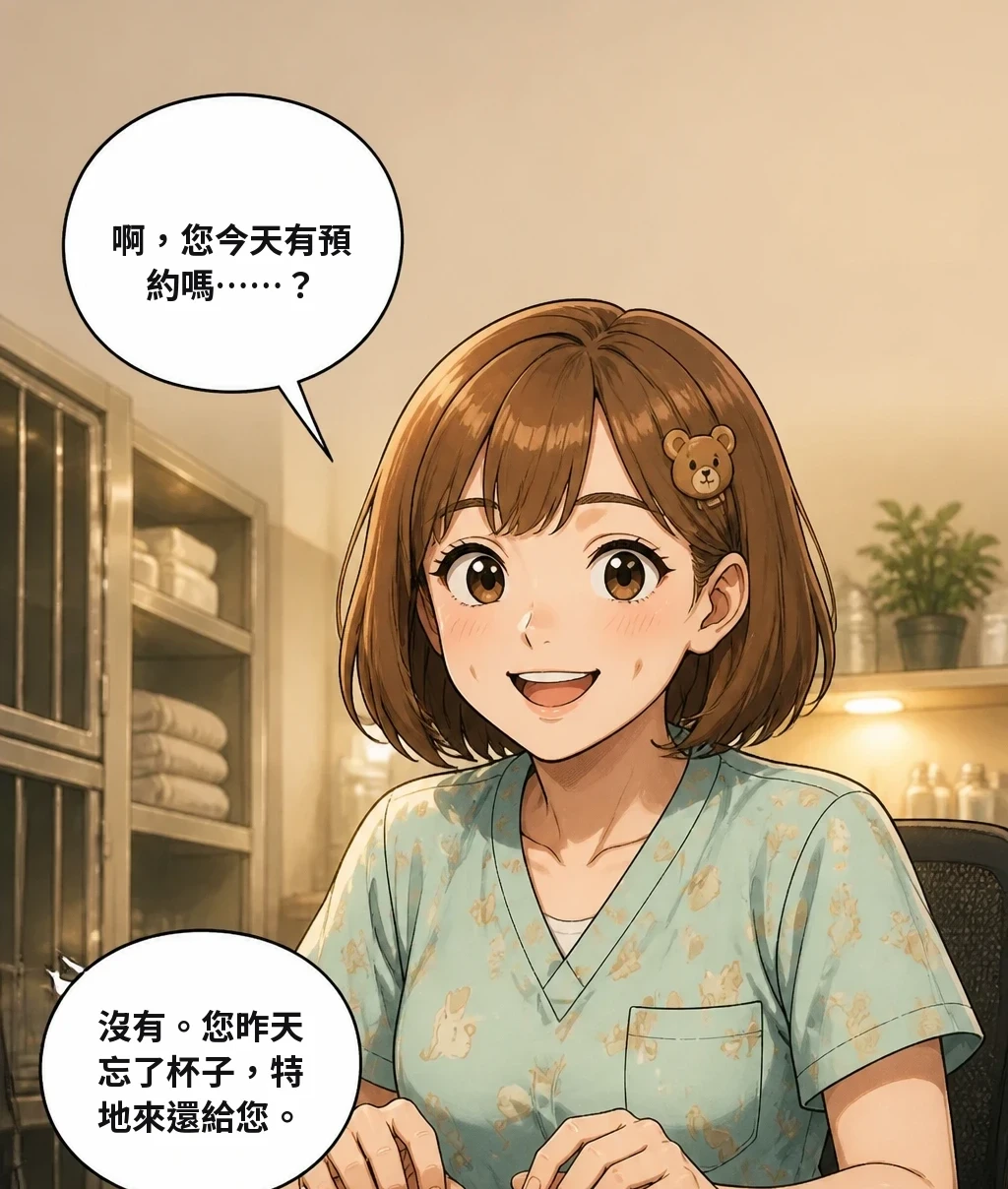 啊，您今天有預約嗎……？ 沒有。您昨天忘了杯子，特地來還給您。