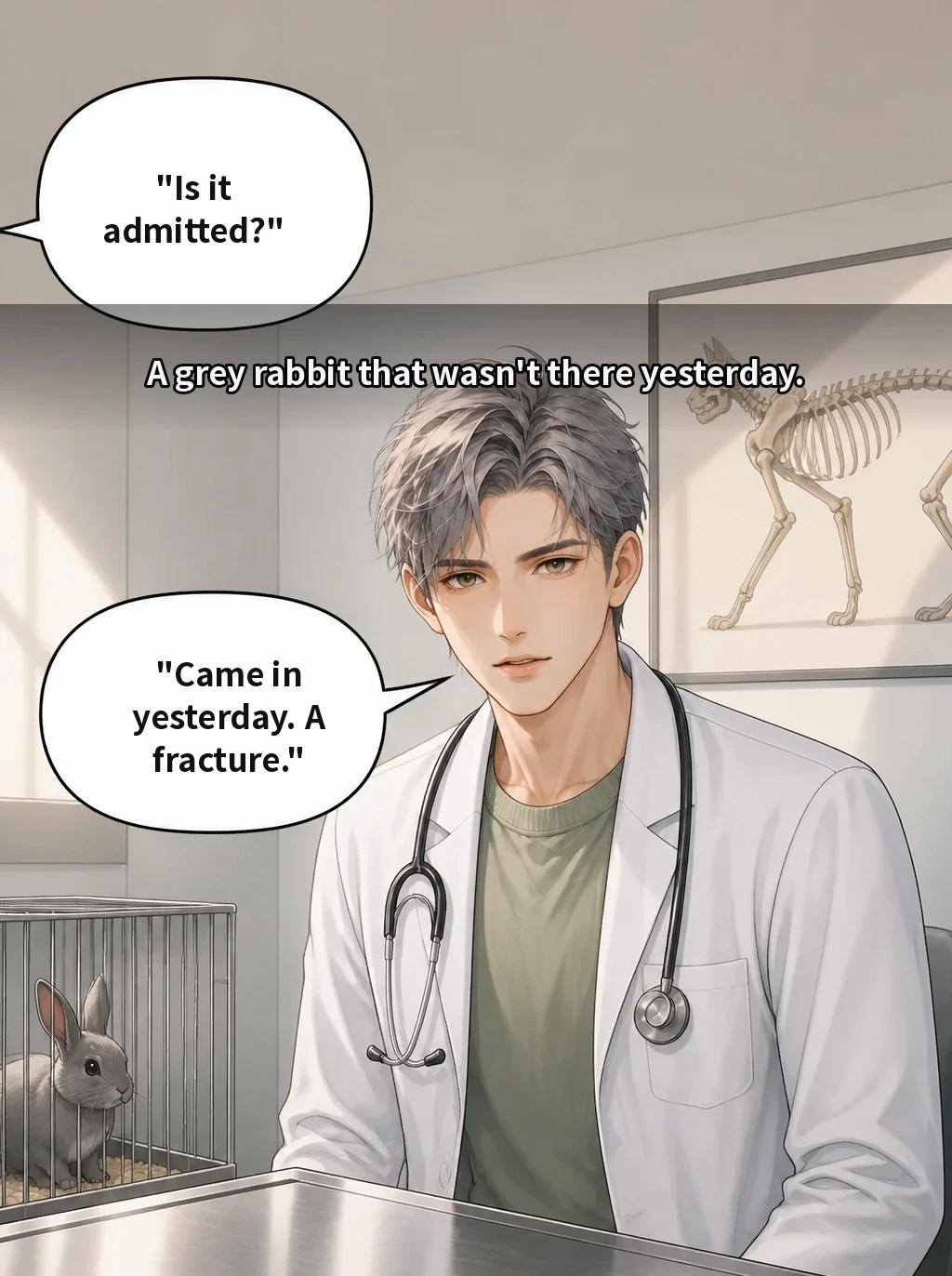 A grey rabbit that wasn't there yesterday. "Is it admitted?" "Came in yesterday. A fracture."