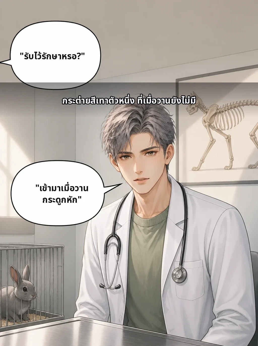 กระต่ายสีเทาตัวหนึ่ง ที่เมื่อวานยังไม่มี "รับไว้รักษาหรอ?" "เข้ามาเมื่อวาน กระดูกหัก"