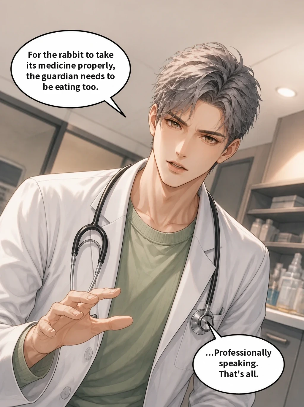 For the rabbit to take its medicine properly, the guardian needs to be eating too. ...Professionally speaking. That's all.