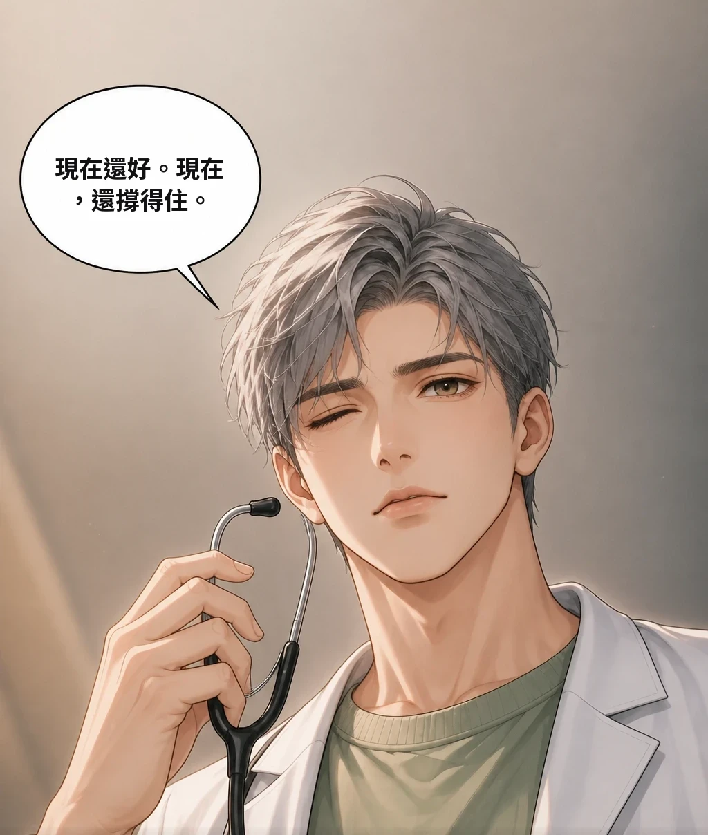 現在還好。現在，還撐得住。 現在還好。那個詞，說了兩次。