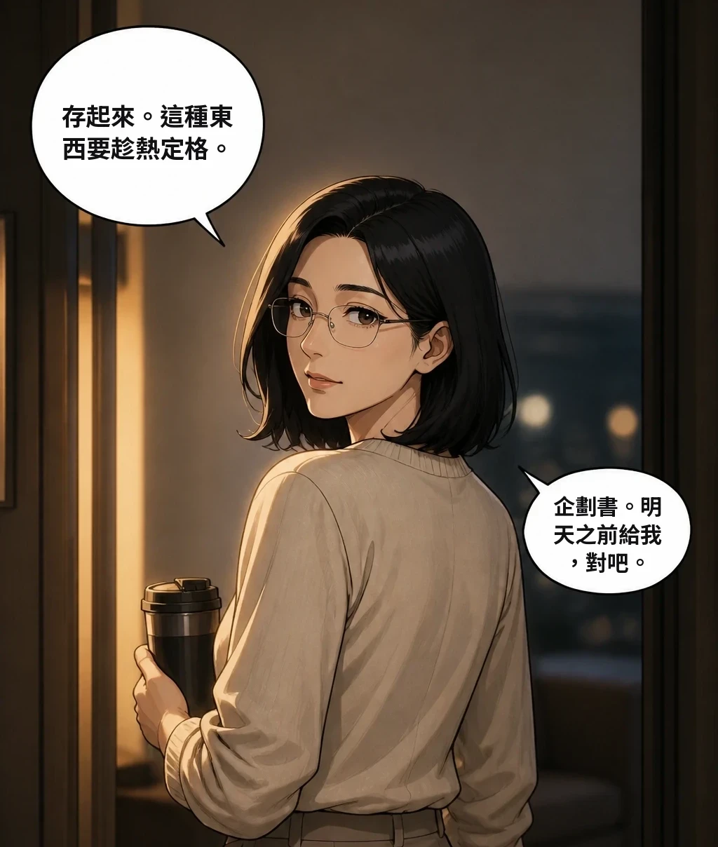 存起來。這種東西要趁熱定格。 企劃書。明天之前給我，對吧。