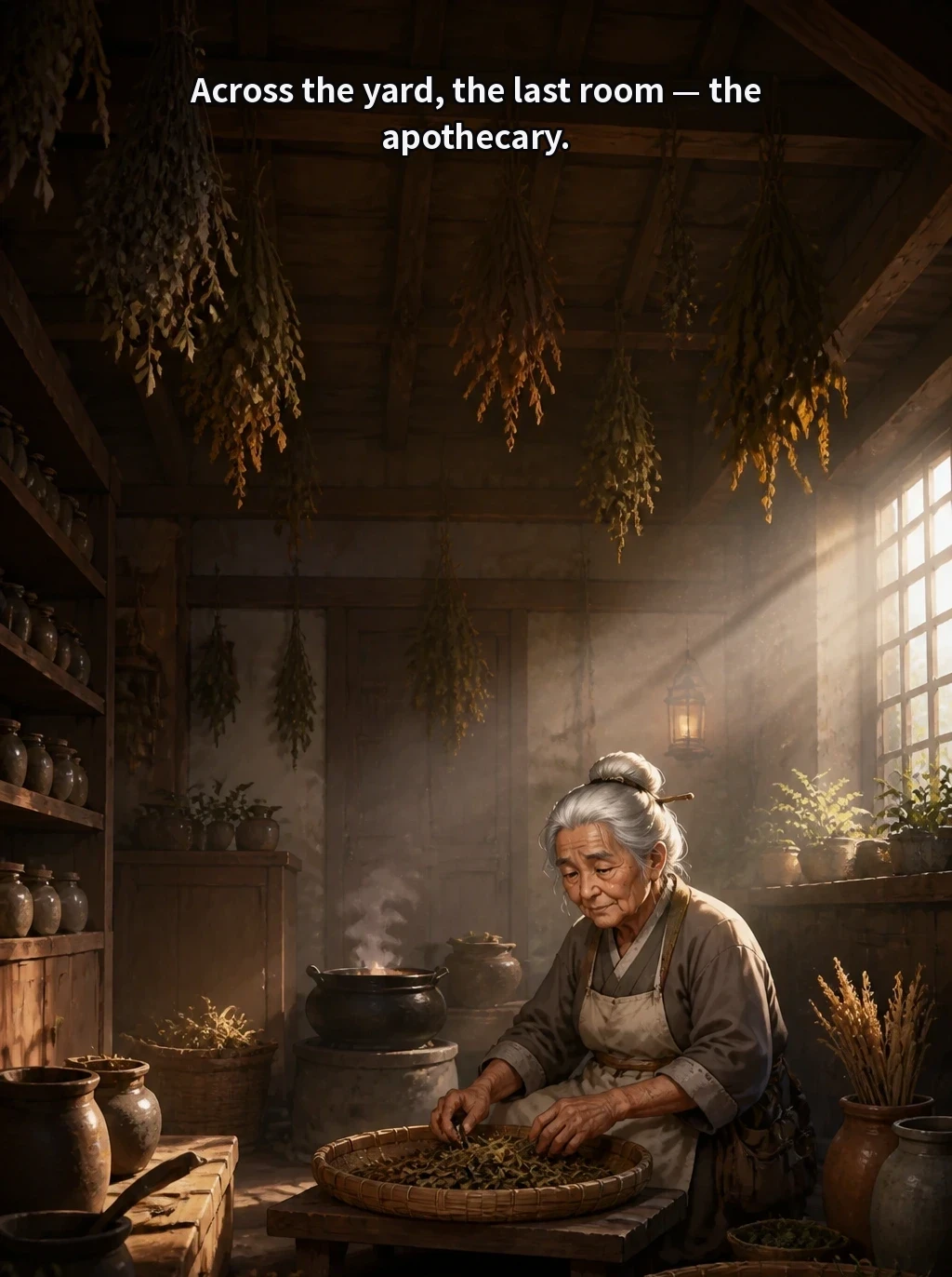 Across the yard, the last room — the apothecary.