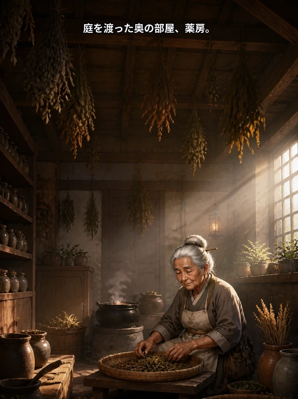 庭を渡った奥の部屋、薬房。
