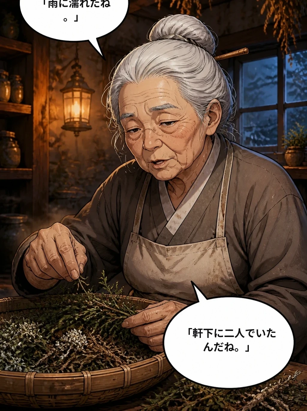 「雨に濡れたね。」 「軒下に二人でいたんだね。」