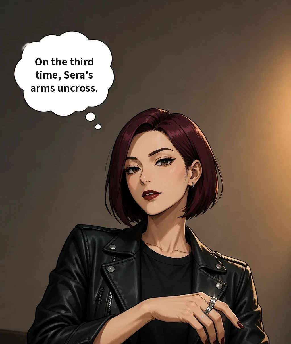 On the third time, Sera's arms uncross.