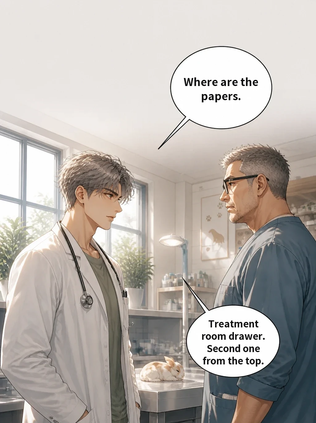 Where are the papers. Treatment room drawer. Second one from the top.
