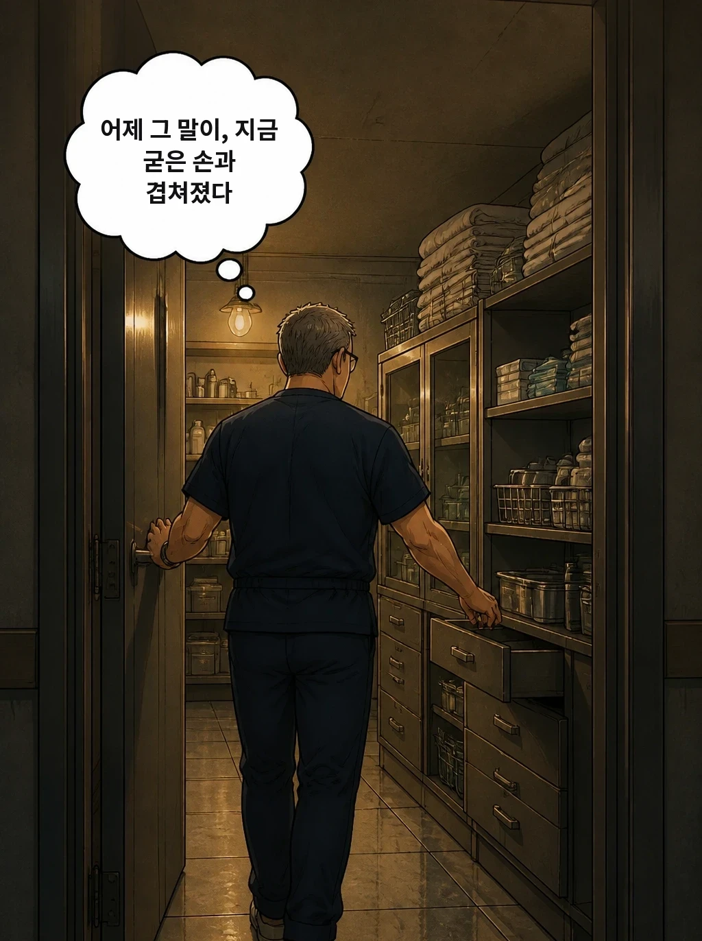 어제 그 말이, 지금 굳은 손과 겹쳐졌다