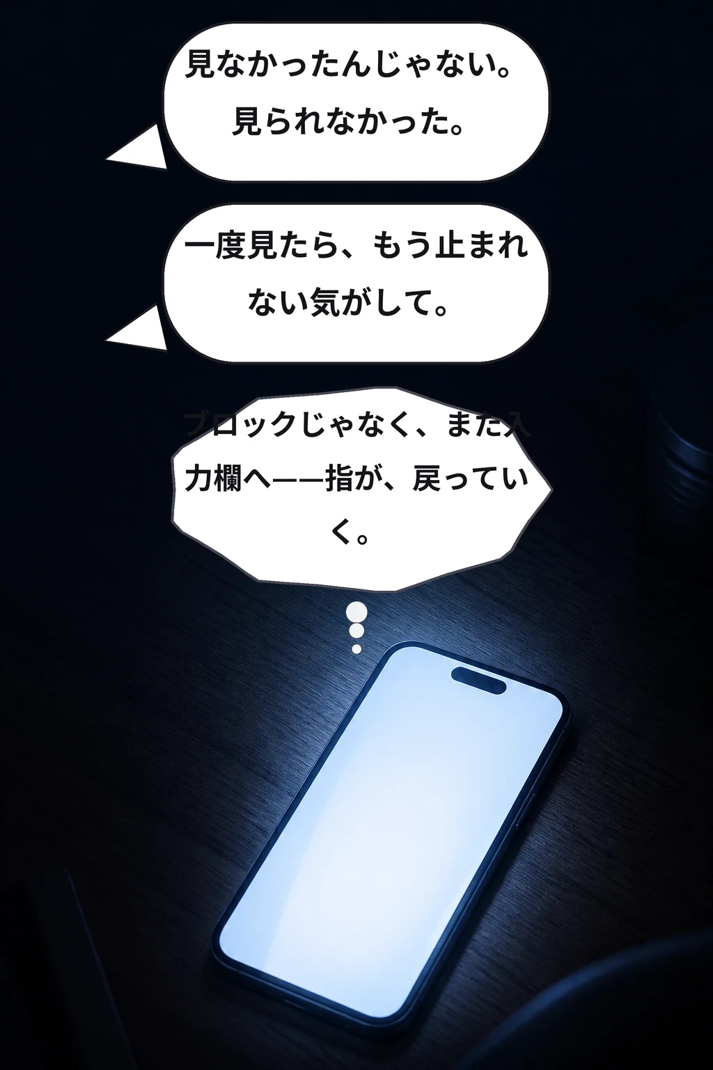 見なかったんじゃない。見られなかった。 一度見たら、もう止まれない気がして。 ブロックじゃなく、また入力欄へ——指が、戻っていく。