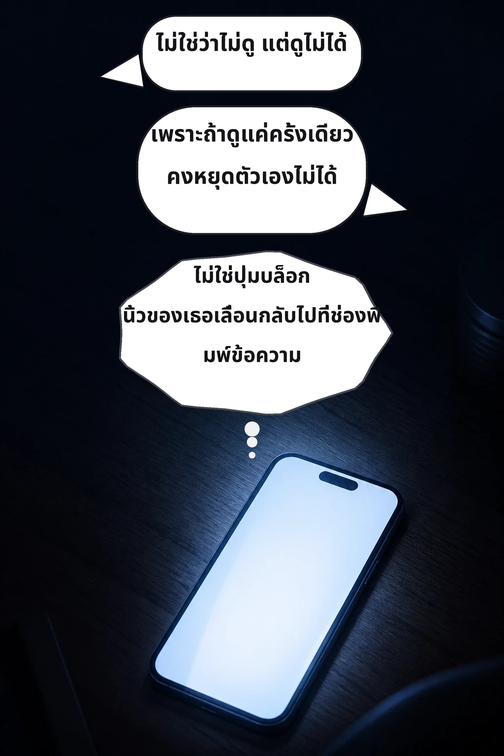 ไม่ใช่ว่าไม่ดู แต่ดูไม่ได้ เพราะถ้าดูแค่ครั้งเดียว คงหยุดตัวเองไม่ได้ ไม่ใช่ปุ่มบล็อก นิ้วของเธอเลื่อนกลับไปที่ช่องพิมพ์ข้อความ