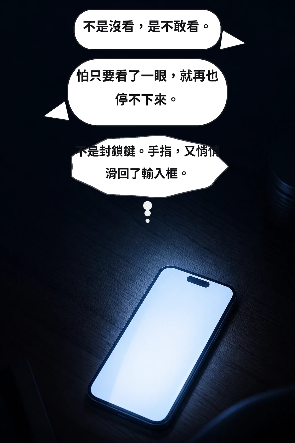 不是沒看，是不敢看。 怕只要看了一眼，就再也停不下來。 不是封鎖鍵。手指，又悄悄滑回了輸入框。