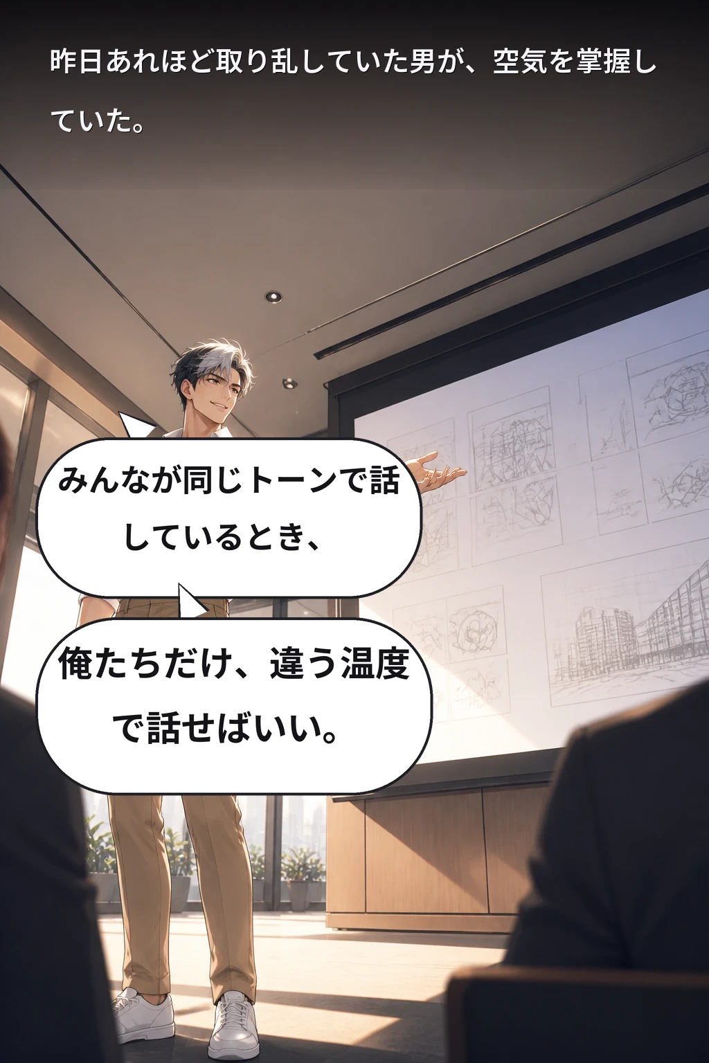 みんなが同じトーンで話しているとき、 俺たちだけ、違う温度で話せばいい。 昨日あれほど取り乱していた男が、空気を掌握していた。