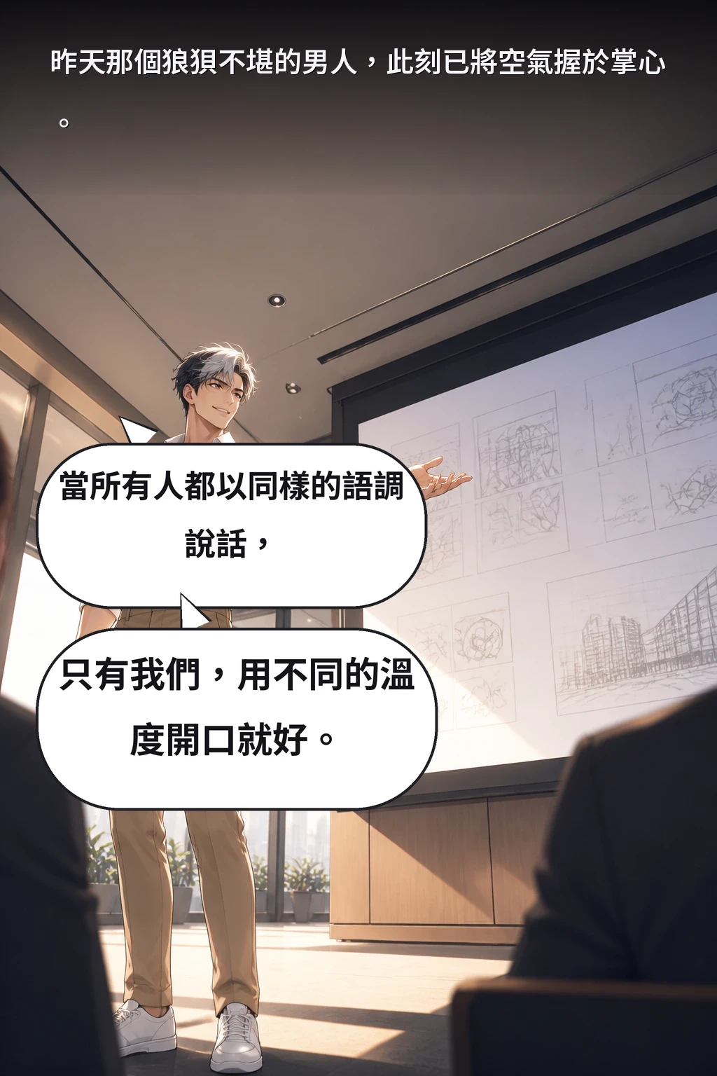 當所有人都以同樣的語調說話， 只有我們，用不同的溫度開口就好。 昨天那個狼狽不堪的男人，此刻已將空氣握於掌心。
