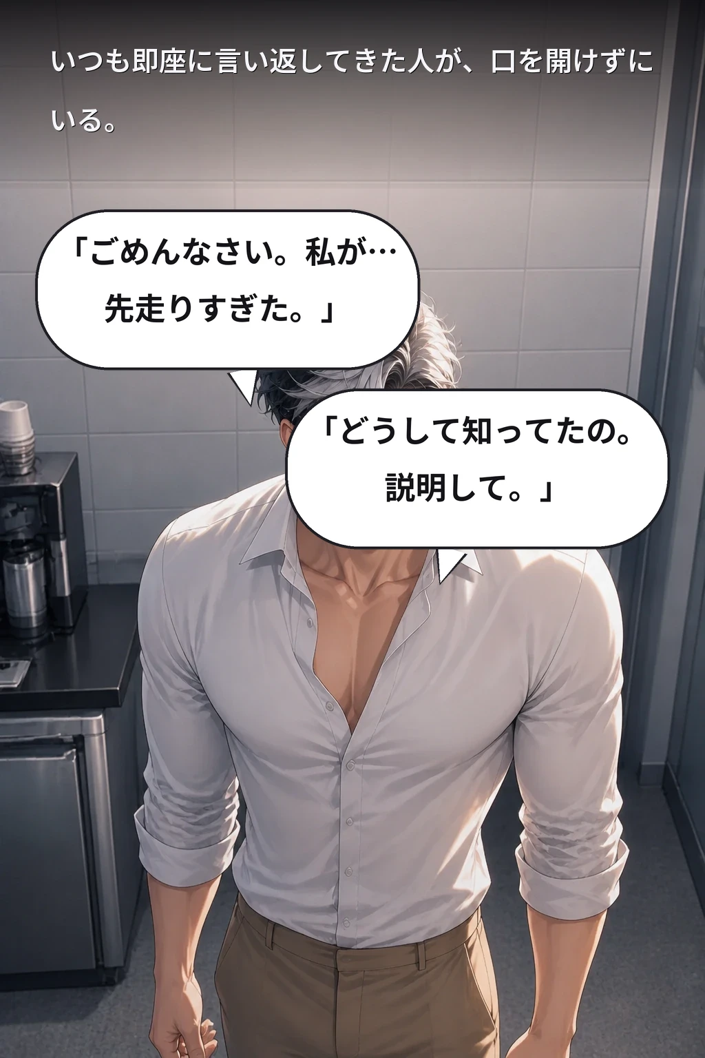 いつも即座に言い返してきた人が、口を開けずにいる。 「ごめんなさい。私が…先走りすぎた。」 「どうして知ってたの。説明して。」