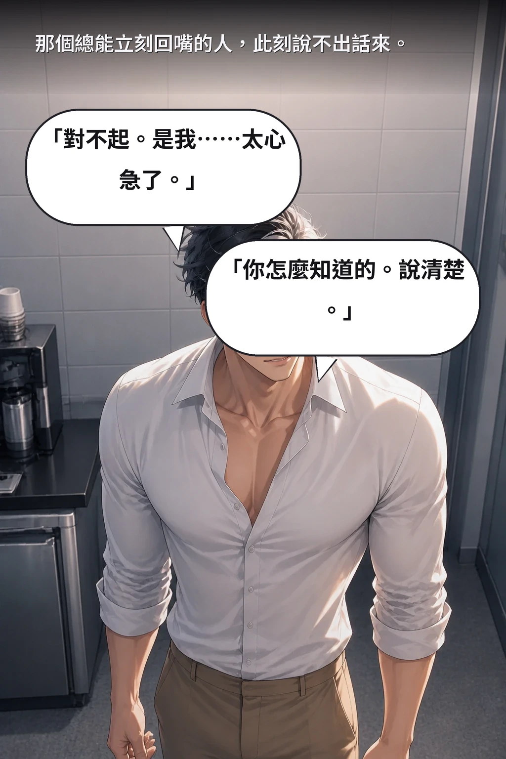 那個總能立刻回嘴的人，此刻說不出話來。 「對不起。是我……太心急了。」 「你怎麼知道的。說清楚。」