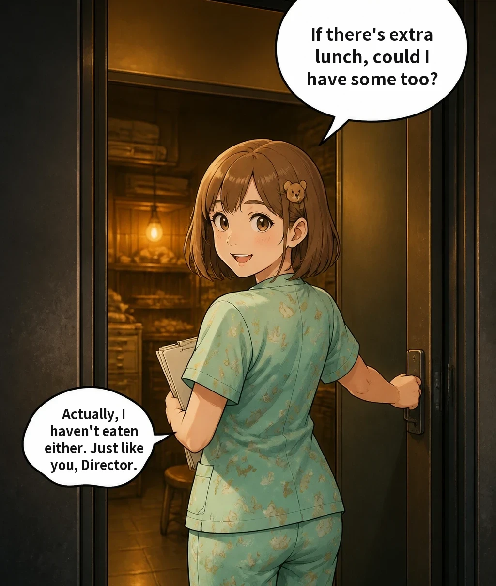 If there's extra lunch, could I have some too? Actually, I haven't eaten either. Just like you, Director.