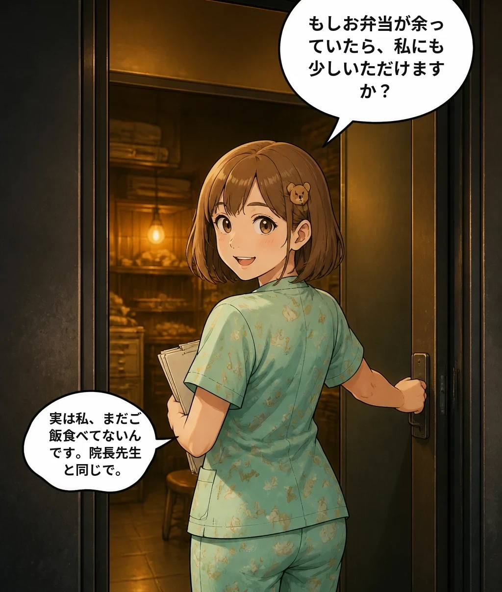 もしお弁当が余っていたら、私にも少しいただけますか？ 実は私、まだご飯食べてないんです。院長先生と同じで。
