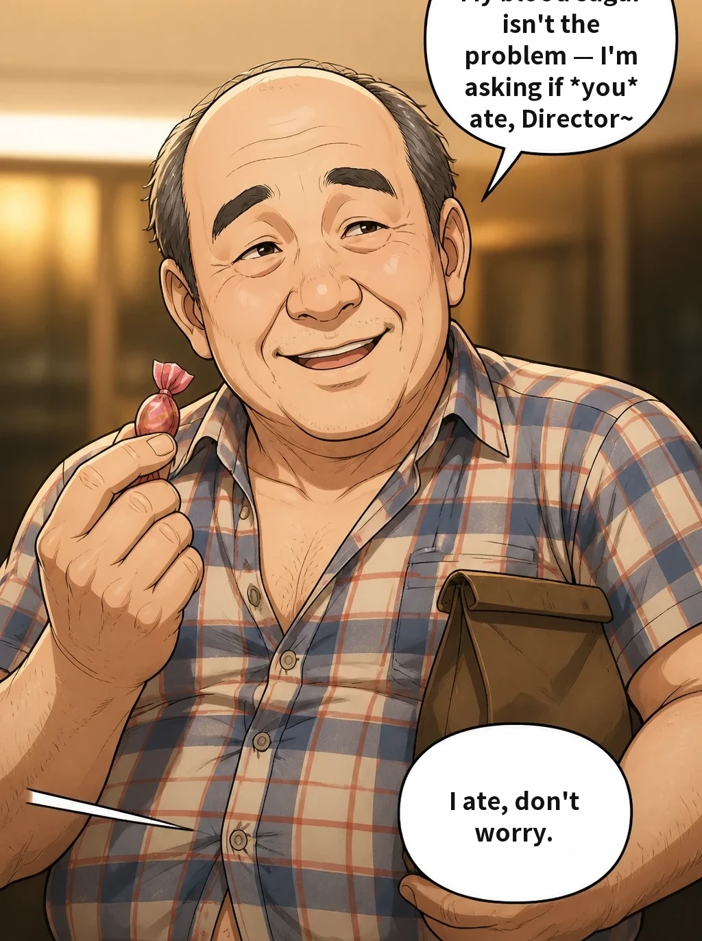 My blood sugar isn't the problem — I'm asking if *you* ate, Director~ I ate, don't worry.