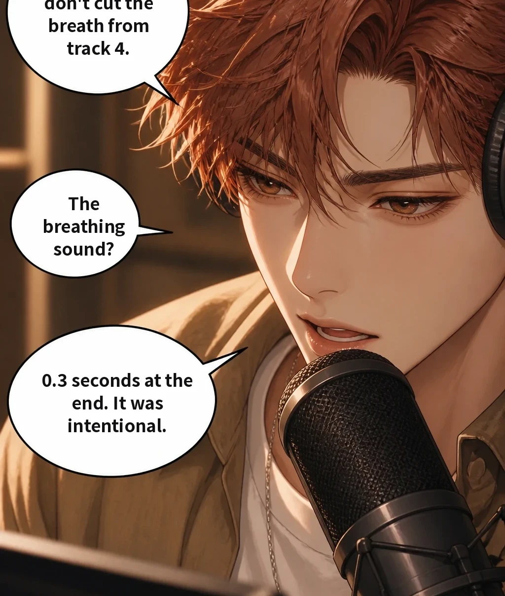 That just now — don't cut the breath from track 4. The breathing sound? 0.3 seconds at the end. It was intentional.