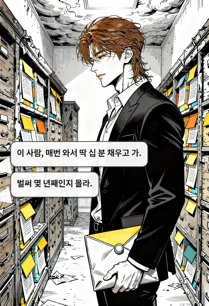 이 사람, 매번 와서 딱 십 분 채우고 가. 벌써 몇 년째인지 몰라.