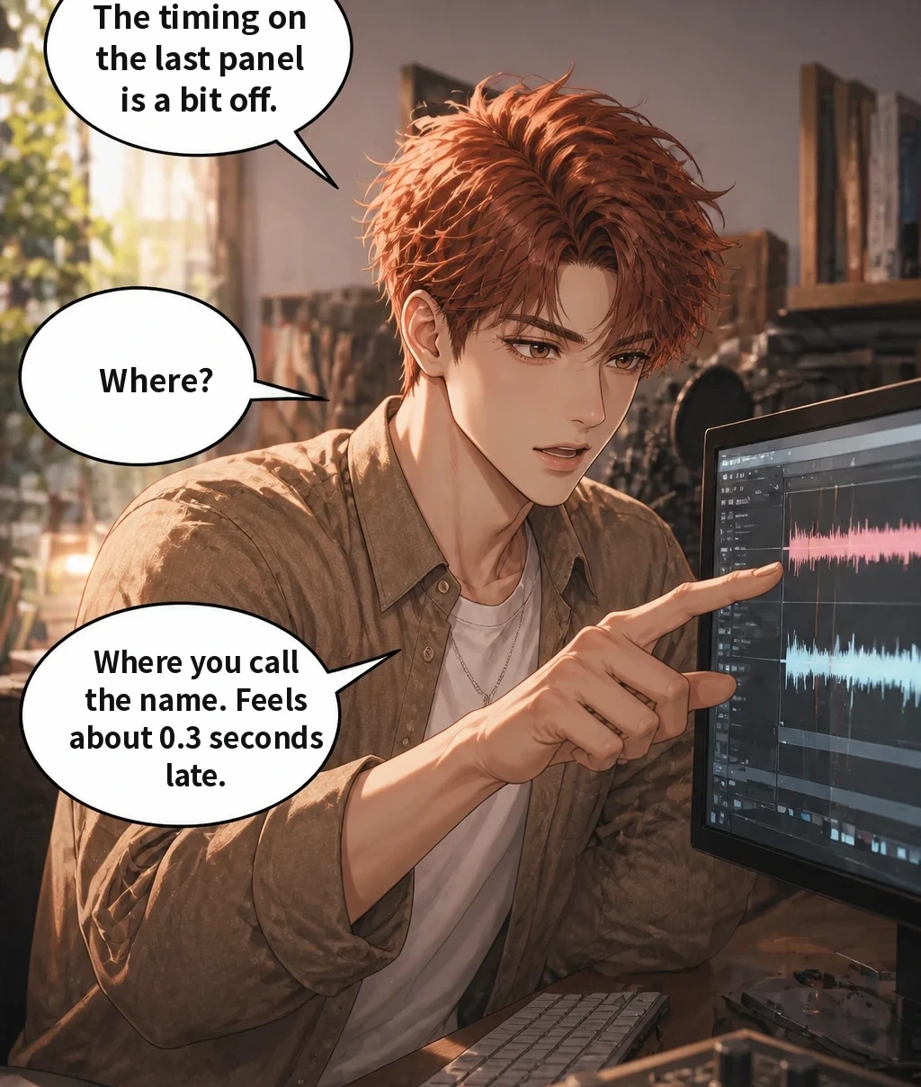 The timing on the last panel is a bit off. Where? Where you call the name. Feels about 0.3 seconds late.