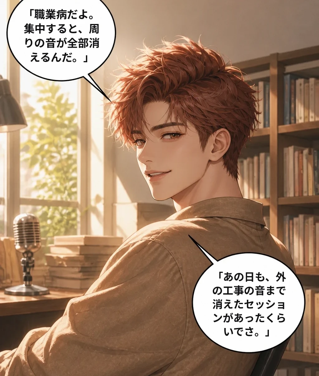 「職業病だよ。集中すると、周りの音が全部消えるんだ。」 「あの日も、外の工事の音まで消えたセッションがあったくらいでさ。」