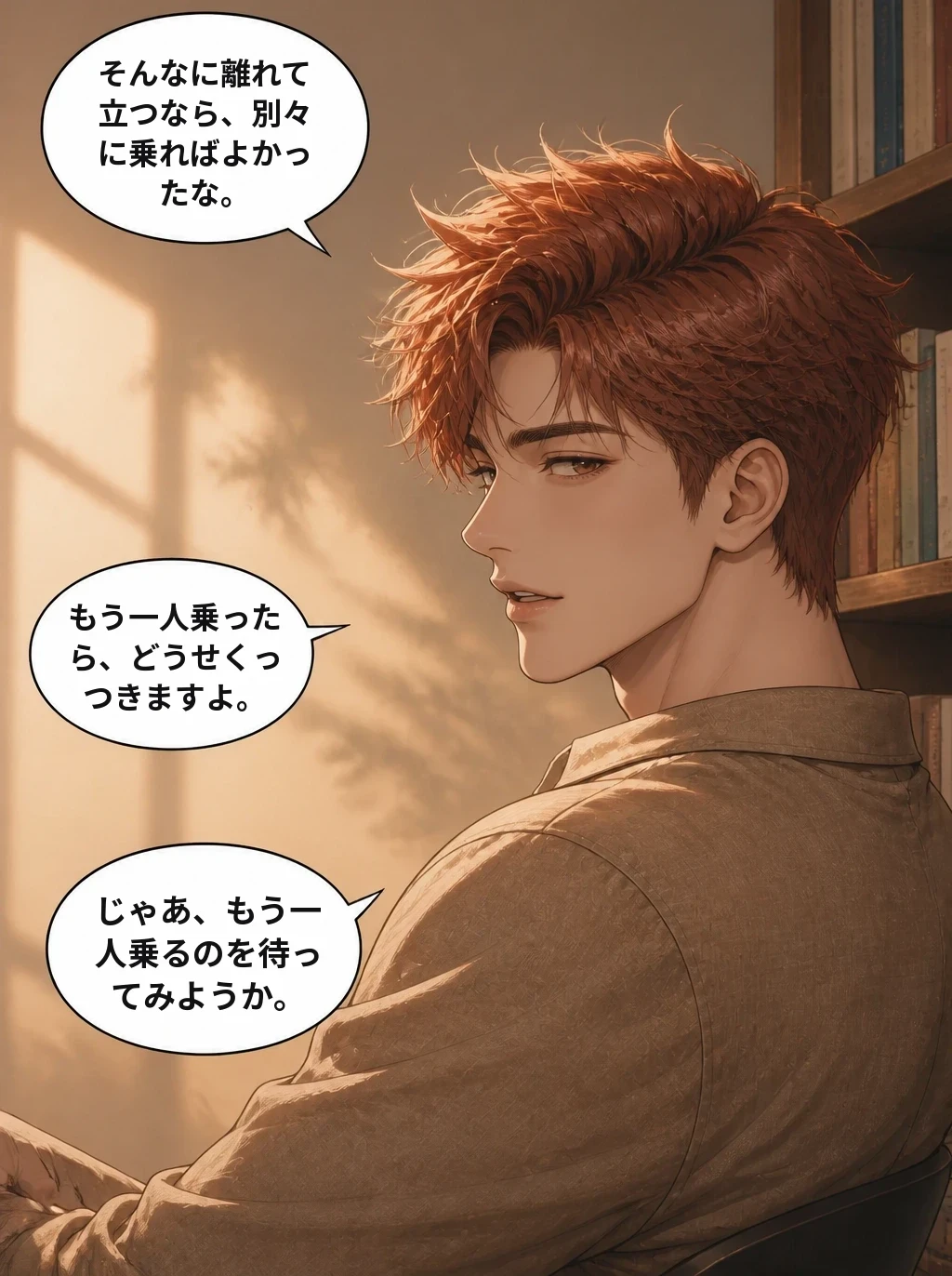 そんなに離れて立つなら、別々に乗ればよかったな。 もう一人乗ったら、どうせくっつきますよ。 じゃあ、もう一人乗るのを待ってみようか。