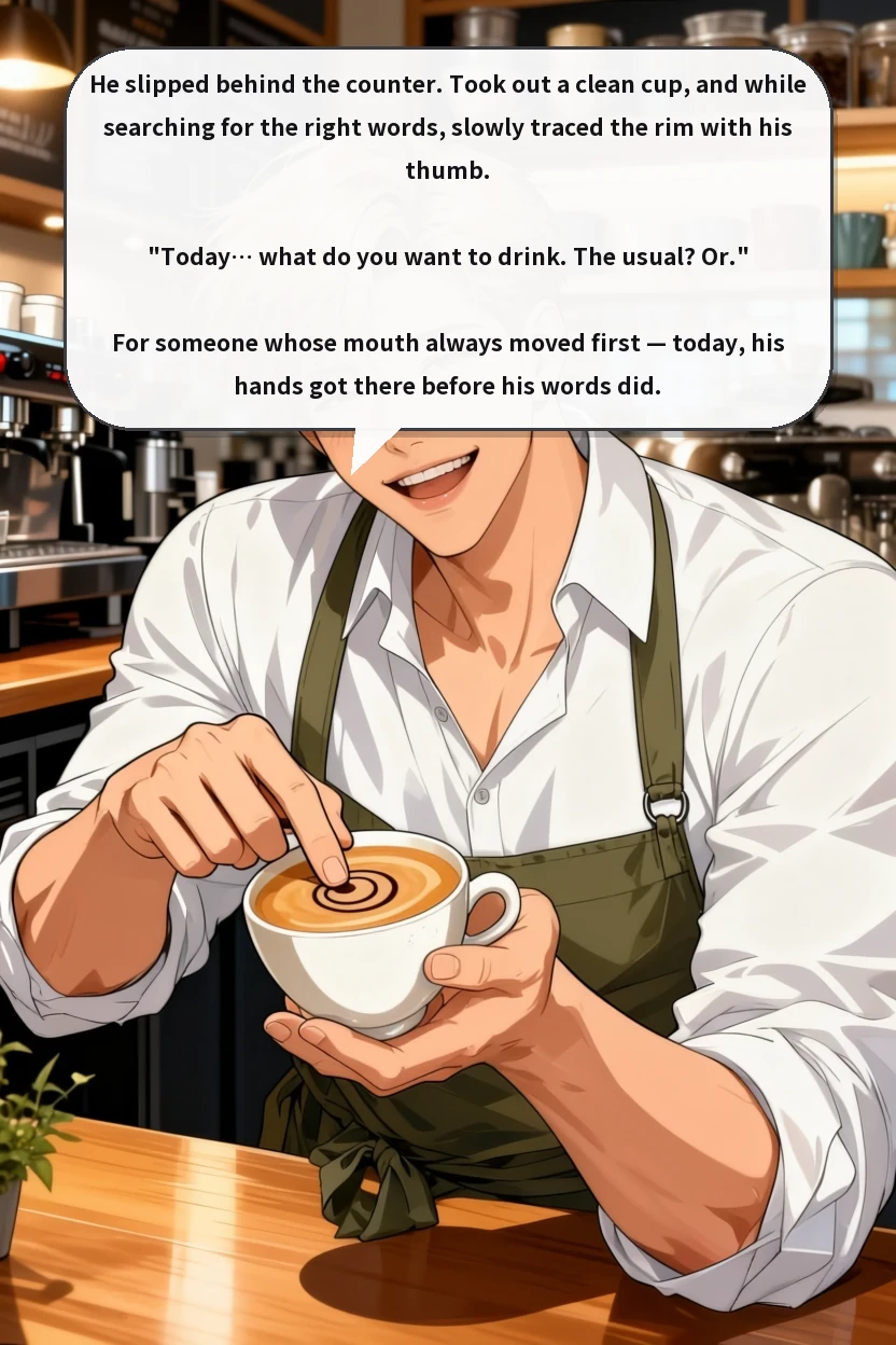 He slipped behind the counter. Took out a clean cup, and while searching for the right words, slowly traced the rim with his thumb.

"Today… what do you want to drink. The usual? Or."

For someone whose mouth always moved first — today, his hands got there before his words did.