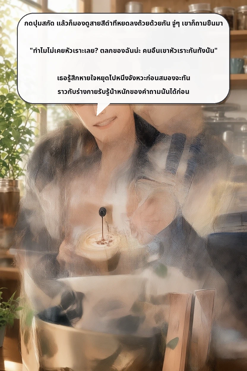 กดปุ่มสกัด แล้วก็มองดูสายสีดำที่หยดลงถ้วยด้วยกัน จู่ๆ เขาก็ถามขึ้นมา

"ทำไมไม่เคยหัวเราะเลย? ตลกของฉันน่ะ คนอื่นเขาหัวเราะกันทั้งนั้น"

เธอรู้สึกหายใจหยุดไปหนึ่งจังหวะก่อนสมองจะทัน ราวกับร่างกายรับรู้น้ำหนักของคำถามนั้นได้ก่อน