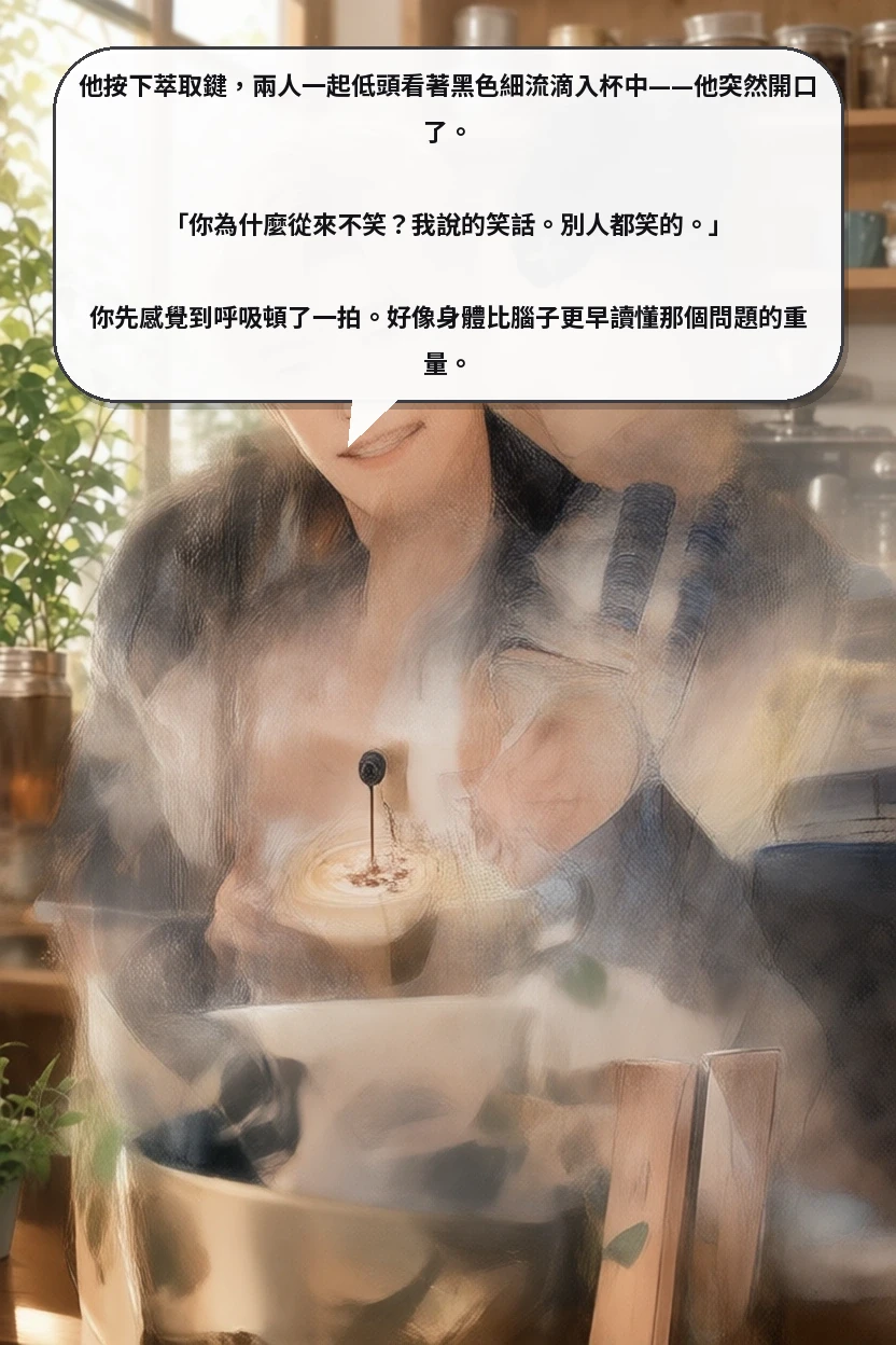 他按下萃取鍵，兩人一起低頭看著黑色細流滴入杯中——他突然開口了。

「你為什麼從來不笑？我說的笑話。別人都笑的。」

你先感覺到呼吸頓了一拍。好像身體比腦子更早讀懂那個問題的重量。