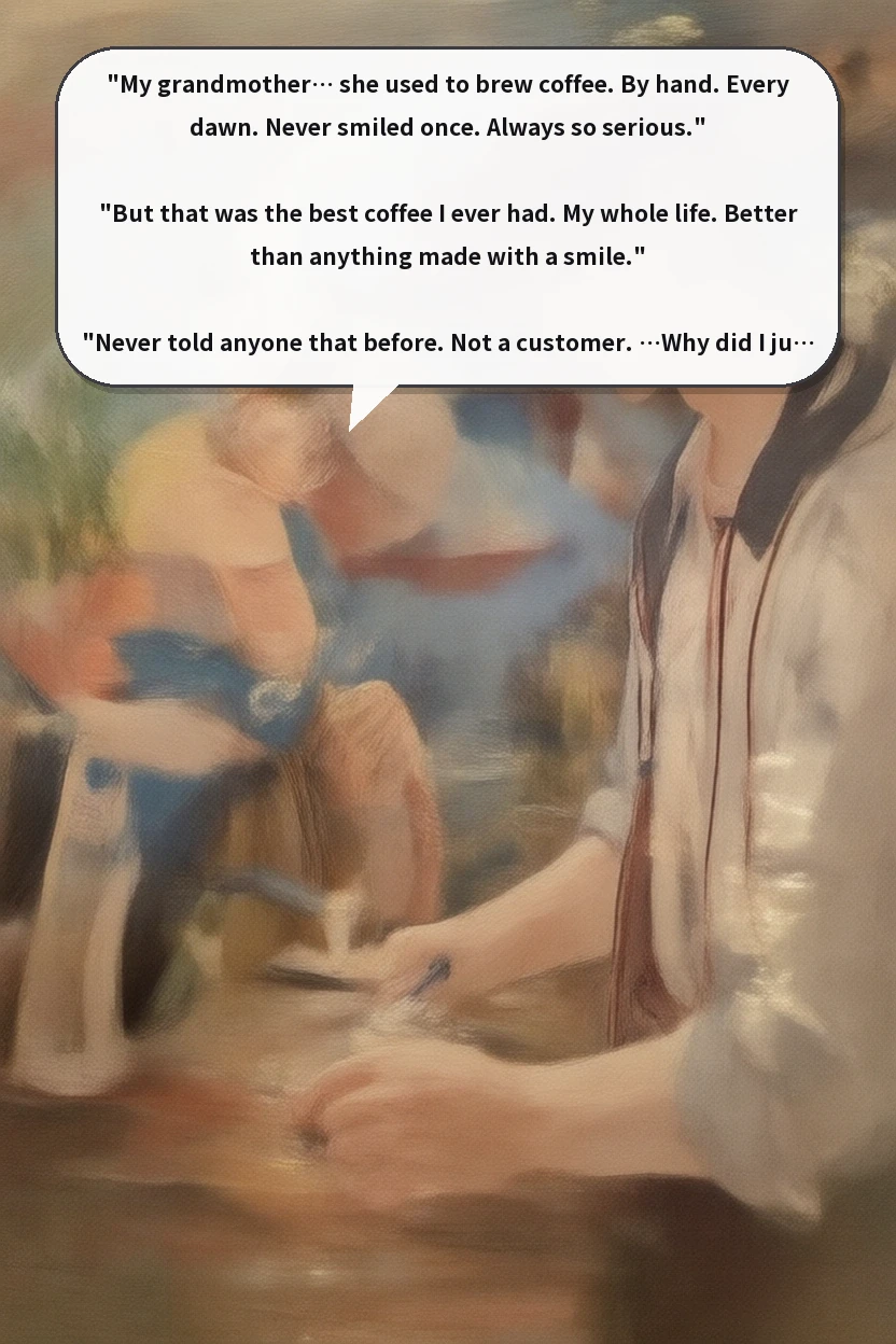 "My grandmother… she used to brew coffee. By hand. Every dawn. Never smiled once. Always so serious."

"But that was the best coffee I ever had. My whole life. Better than anything made with a smile."

"Never told anyone that before. Not a customer. …Why did I just say that."